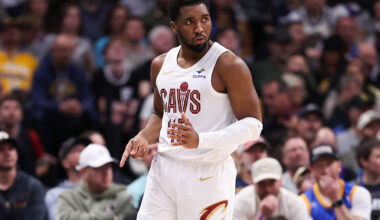 DENVER, COLORADO - FEBRUARY 9: Donovan Mitchell #45 of the Cleveland Cavaliers reacts after making a three point basket during the first quarter of the game against the Denver Nuggets at Ball Arena on February 9, 2026 in Denver, Colorado.