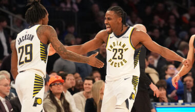 NEW YORK, NY - FEBRUARY 10: Quenton Jackson #29 and Aaron Nesmith #23 of the Indiana Pacers high five during the game against the New York Knicks on February 10, 2026 at Madison Square Garden in New York City, New York. NOTE TO USER: User expressly acknowledges and agrees that, by downloading and or using this photograph, User is consenting to the terms and conditions of the Getty Images License Agreement. Mandatory Copyright Notice: Copyright 2026 NBAE (Photo by Jesse D. Garrabrant/NBAE via Getty Images)