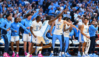 CHAPEL HILL, NORTH CAROLINA - FEBRUARY 07: Caleb Wilson #8 of the North Carolina Tar Heels reacts during the first half of the game Dat Dean E. Smith Center on February 07, 2026 in Chapel Hill, North Carolina. (Photo by Grant Halverson/Getty Images)