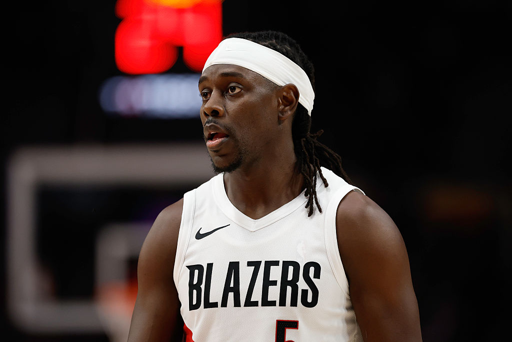 PORTLAND, OREGON - FEBRUARY 06: Jrue Holiday #5 of the Portland Trail Blazers looks on during the game against the Memphis Grizzlies at Moda Center on February 06, 2026 in Portland, Oregon. The Portland Trail Blazers won 135-115. NOTE TO USER: User expressly acknowledges and agrees that, by downloading and or using this photograph, User is consenting to the terms and conditions of the Getty Images License Agreement. (Photo by Alika Jenner/Getty Images)