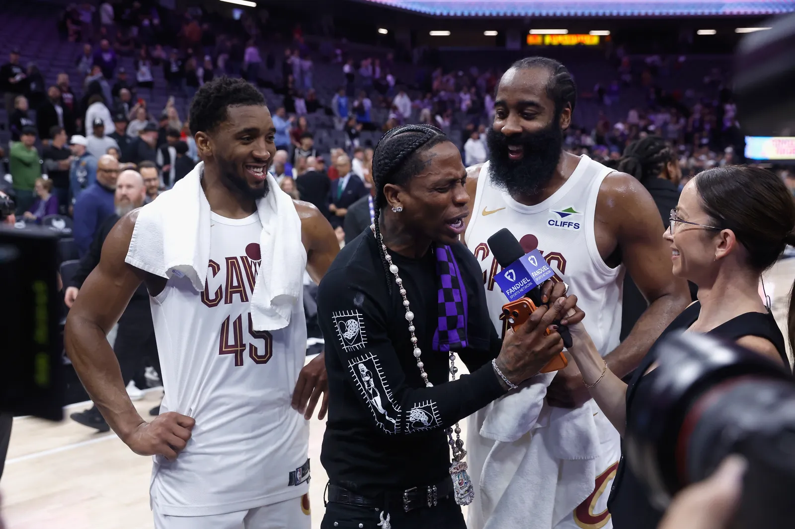 Cleveland Cavaliers Donovan Mitchell and James Harden postgame with Travis Scott