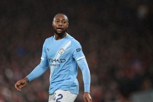 LIVERPOOL, ENGLAND - FEBRUARY 08: Antoine Semenyo of Manchester City during the Premier League match between Liverpool and Manchester City at Anfield on February 08, 2026 in Liverpool, England. (Photo by Michael Regan/Getty Images)