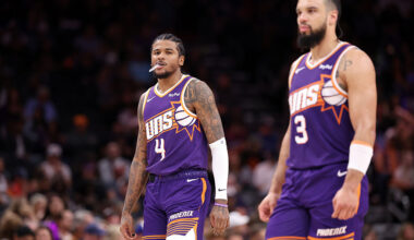 PHOENIX, ARIZONA - FEBRUARY 07: Jalen Green #4 and Dillon Brooks #3 of the Phoenix Suns walk during a timeout in the second half against the Philadelphia 76ers at Mortgage Matchup Center on February 07, 2026 in Phoenix, Arizona. NOTE TO USER: User expressly acknowledges and agrees that, by downloading and or using this photograph, User is consenting to the terms and conditions of the Getty Images License Agreement. (Photo by Chris Coduto/Getty Images)