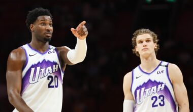 Jaren Jackson Jr. #20 of the Utah Jazz reacts against the Miami Heat...