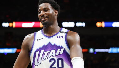 MIAMI, FLORIDA - FEBRUARY 09: Jaren Jackson Jr. #20 of the Utah Jazz reacts against the Miami Heat during the second quarter of the game at Kaseya Center on February 09, 2026 in Miami, Florida. NOTE TO USER: User expressly acknowledges and agrees that, by downloading and or using this photograph, User is consenting to the terms and conditions of the Getty Images License Agreement. (Photo by Tomas Diniz Santos/Getty Images)