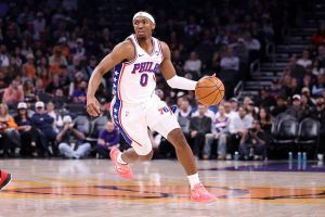 PHOENIX, ARIZONA - FEBRUARY 07: Tyrese Maxey #0 of the Philadelphia 76ers dribbles the ball during the first half against the Phoenix Suns at Mortgage Matchup Center on February 07, 2026 in Phoenix, Arizona. The 76ers defeated the Suns 109-103. NOTE TO USER: User expressly acknowledges and agrees that, by downloading and or using this photograph, User is consenting to the terms and conditions of the Getty Images License Agreement. (Photo by Chris Coduto/Getty Images)