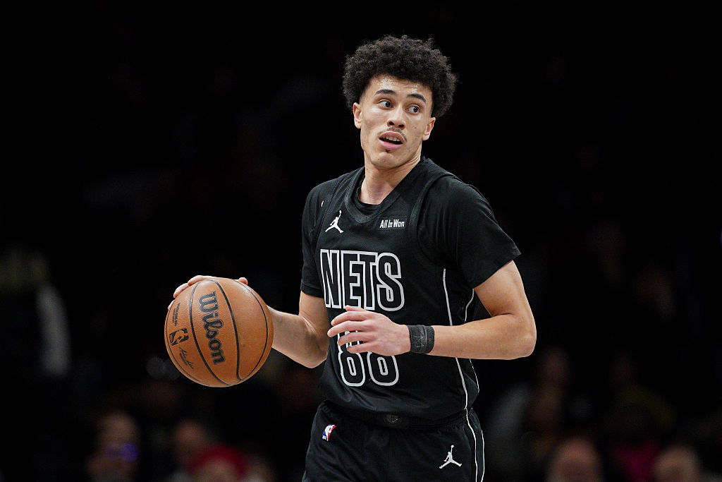 NEW YORK, NEW YORK - FEBRUARY 09: Nolan Traore #88 of the Brooklyn Nets in action during the game against the Chicago Bulls at Barclays Center on February 09, 2026 in New York City. NOTE TO USER: User expressly acknowledges and agrees that, by downloading and or using this photograph, User is consenting to the terms and conditions of the Getty Images License Agreement. (Photo by Evan Bernstein/Getty Images)