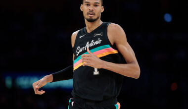LOS ANGELES, CALIFORNIA - FEBRUARY 10: Victor Wembanyama #1 of the San Antonio Spurs on court against the Los Angeles Lakers in the first half at Crypto.com Arena on February 10, 2026 in Los Angeles, California. NOTE TO USER: User expressly acknowledges and agrees that, by downloading and or using this photograph, User is consenting to the terms and conditions of the Getty Images License Agreement. (Photo by Ronald Martinez/Getty Images)