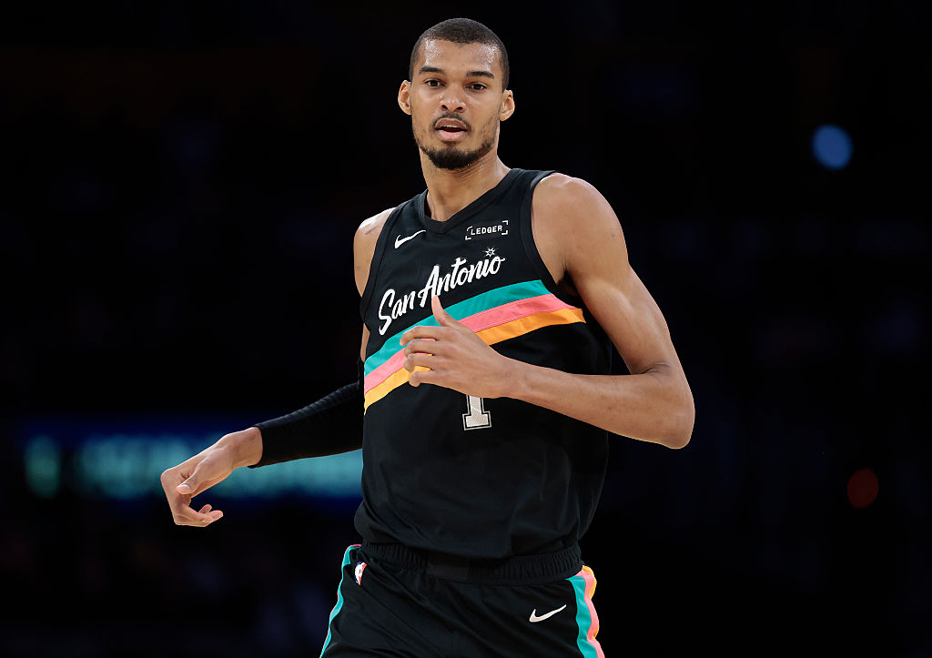 LOS ANGELES, CALIFORNIA - FEBRUARY 10: Victor Wembanyama #1 of the San Antonio Spurs on court against the Los Angeles Lakers in the first half at Crypto.com Arena on February 10, 2026 in Los Angeles, California. NOTE TO USER: User expressly acknowledges and agrees that, by downloading and or using this photograph, User is consenting to the terms and conditions of the Getty Images License Agreement. (Photo by Ronald Martinez/Getty Images)