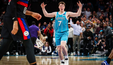 CHARLOTTE, NORTH CAROLINA - FEBRUARY 09: Kon Knueppel #7 of the Charlotte Hornets reacts during the second half of a basketball game against the Detroit Pistons at Spectrum Center on February 09, 2026 in Charlotte, North Carolina. NOTE TO USER: User expressly acknowledges and agrees that, by downloading and or using this photograph, User is consenting to the terms and conditions of the Getty Images License Agreement. (Photo by David Jensen/Getty Images)