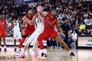 PROVIDENCE, RI - FEBRUARY 14: Dillon Mitchell #1 of the St. John's Red Storm, Peteris Pinnis #17 of the Providence Friars and Zuby Ejiofor #24 of the St. John's Red Storm in action during the college basketball game between St John's Red Storm and Providence Friars on February 14, 2026, at Amica Mutual Pavilion in Providence, RI. (Photo by M. Anthony Nesmith/Icon Sportswire via Getty Images)