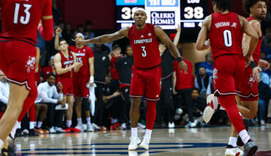 DALLAS, TX - FEBRUARY 17: Louisville Cardinals guard Ryan Conwell (#3) celebrates after making a three pointer during the ACC college basketball game between the SMU Mustangs and the Louisville Cardinals on February 17, 2026, at Moody Coliseum in Dallas, TX. (Photo by Matthew Visinsky/Icon Sportswire via Getty Images)