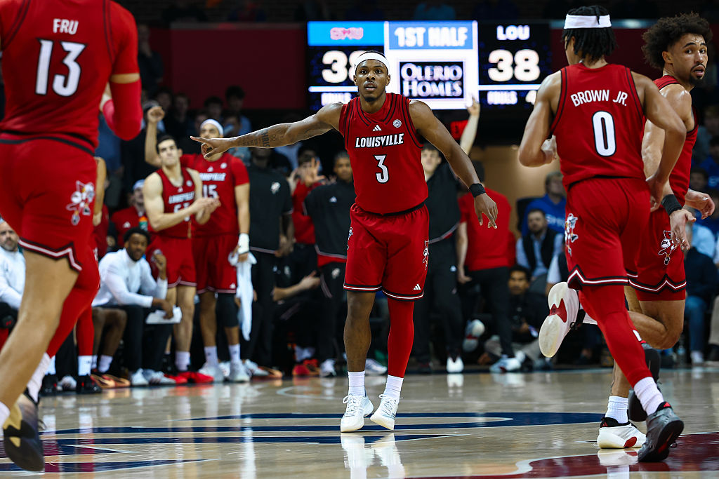 DALLAS, TX - FEBRUARY 17: Louisville Cardinals guard Ryan Conwell (#3) celebrates after making a three pointer during the ACC college basketball game between the SMU Mustangs and the Louisville Cardinals on February 17, 2026, at Moody Coliseum in Dallas, TX. (Photo by Matthew Visinsky/Icon Sportswire via Getty Images)