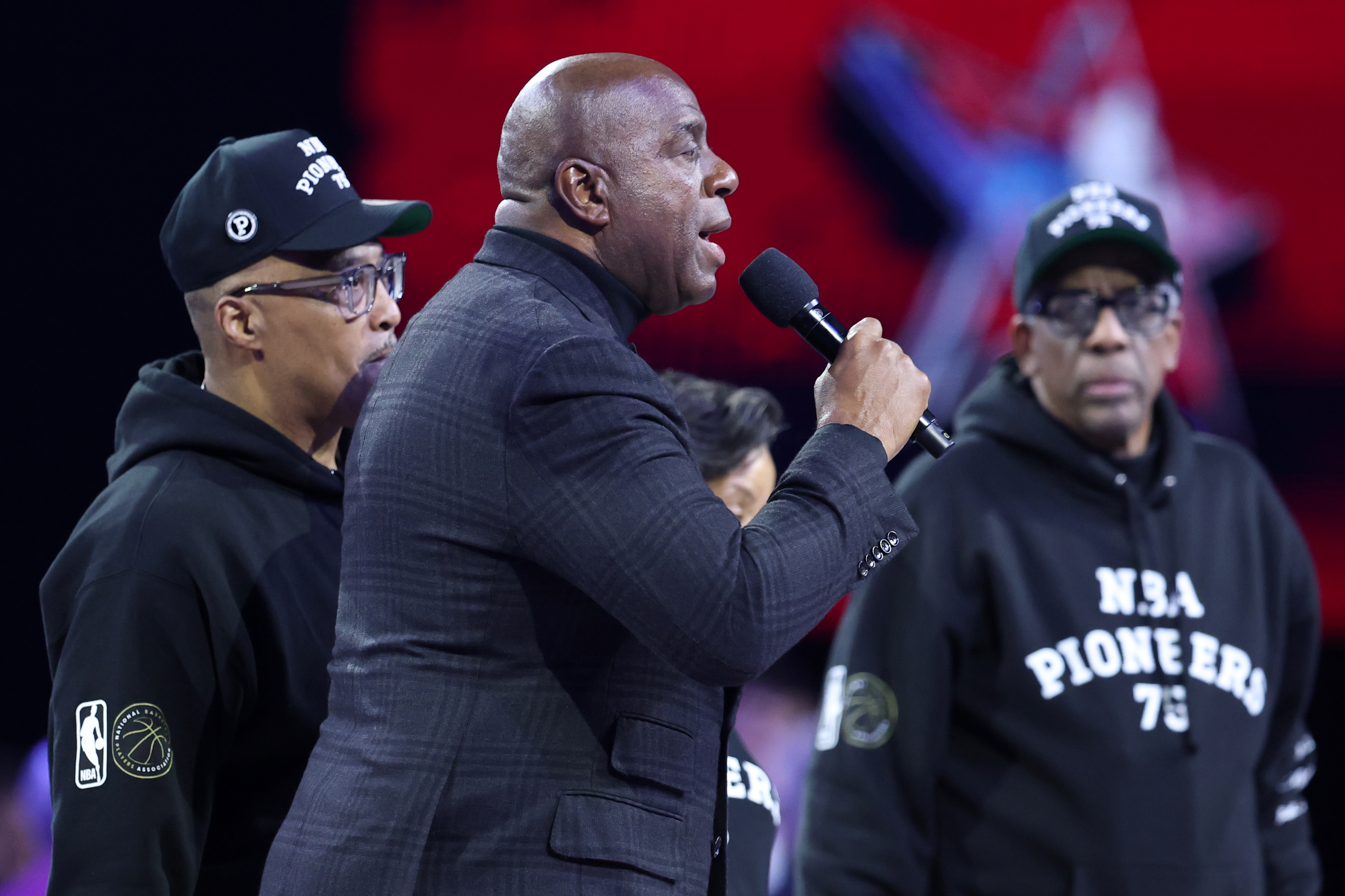 Lakers legend Magic Johnson speaks during the 75th NBA All-Star...