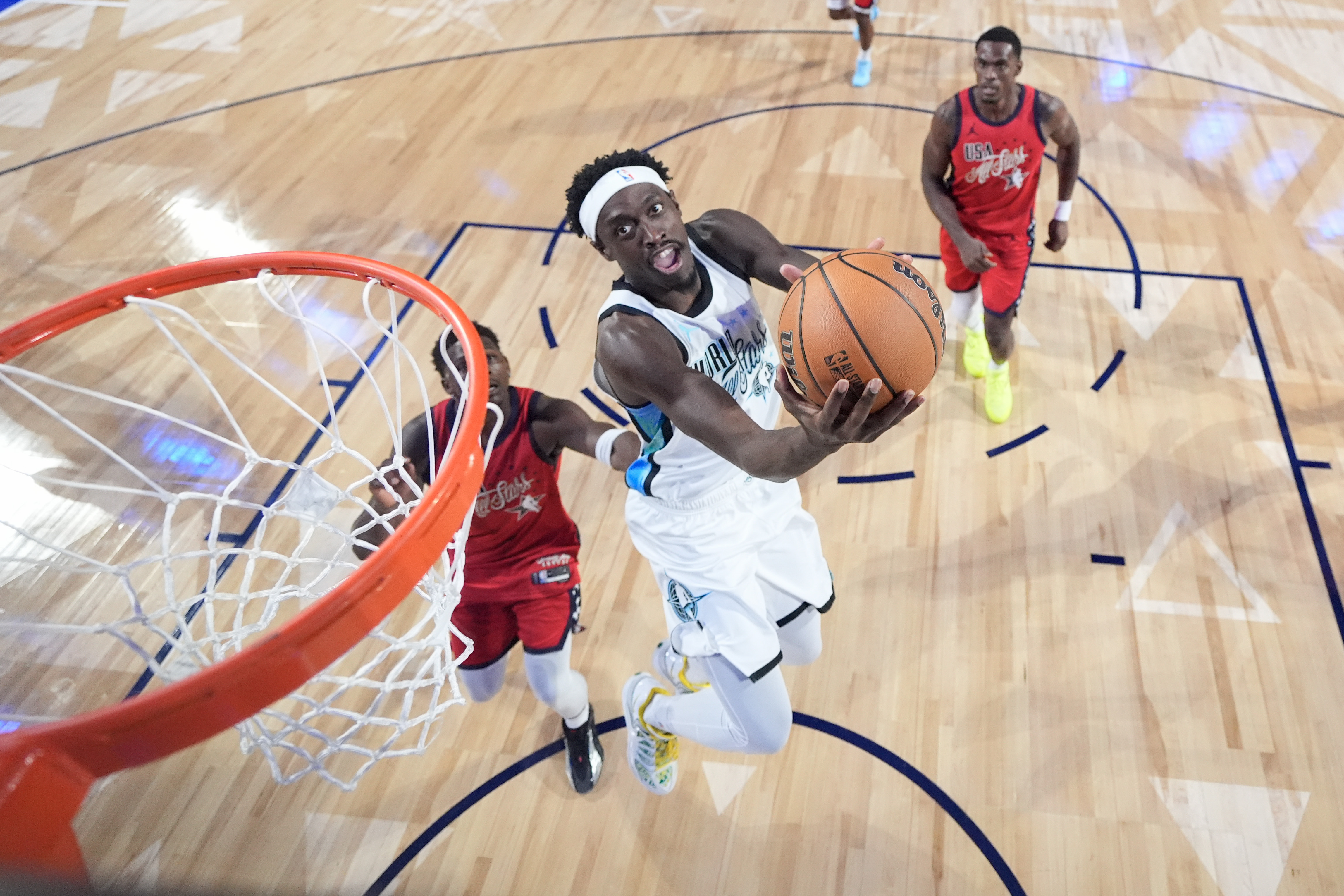 The Indiana Pacers’ Pascal Siakam of Team World shoots in...