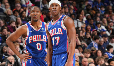 PHILADELPHIA, PA - FEBRUARY 19: Tyrese Maxey #0 and VJ Edgecombe #77 of the Philadelphia 76ers look on during the game against the Atlanta Hawks on February 19, 2026 at the Wells Fargo Center in Philadelphia, Pennsylvania NOTE TO USER: User expressly acknowledges and agrees that, by downloading and/or using this Photograph, user is consenting to the terms and conditions of the Getty Images License Agreement. Mandatory Copyright Notice: Copyright 2026 NBAE (Photo by Jesse D. Garrabrant/NBAE via Getty Images)