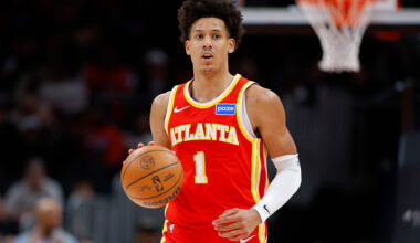 ATLANTA, GEORGIA - FEBRUARY 22: Jalen Johnson #1 of the Atlanta Hawks dribbles during the fourth quarter against the Brooklyn Nets at State Farm Arena on February 22, 2026 in Atlanta, Georgia. NOTE TO USER: User expressly acknowledges and agrees that, by downloading and or using this photograph, User is consenting to the terms and conditions of the Getty Images License Agreement. (Photo by Todd Kirkland/Getty Images)