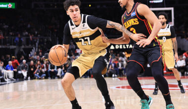ATLANTA, GA - FEBRUARY 24: Will Riley #27 of the Washington Wizards handles the ball during the game against the Atlanta Hawks on February 24, 2026 at State Farm Arena in Atlanta, Georgia. NOTE TO USER: User expressly acknowledges and agrees that, by downloading and/or using this Photograph, user is consenting to the terms and conditions of the Getty Images License Agreement. Mandatory Copyright Notice: Copyright 2026 NBAE (Photo by Joe Boatman/NBAE via Getty Images)