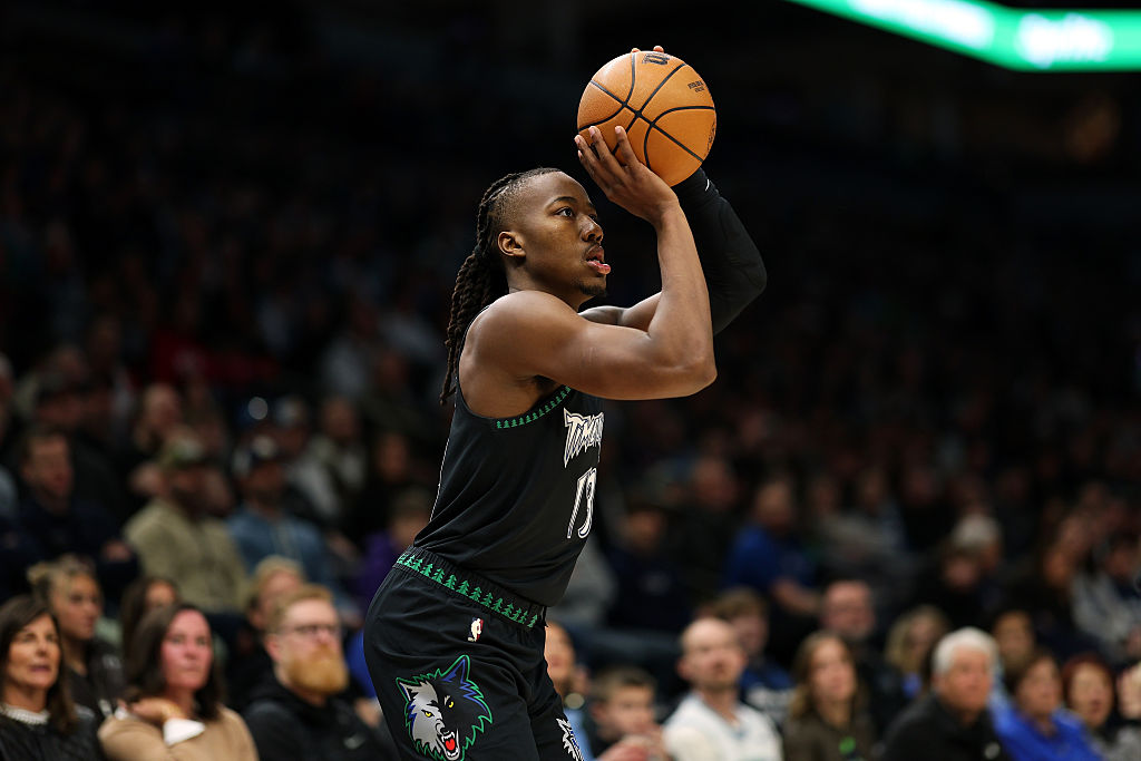 MINNEAPOLIS, MINNESOTA - FEBRUARY 22: Ayo Dosunmu #13 of the Minnesota Timberwolves shoots the ball against the Philadelphia 76ers in the second quarter at Target Center on February 22, 2026 in Minneapolis, Minnesota. The 76ers defeated the Timberwolves 135-108. NOTE TO USER: User expressly acknowledges and agrees that, by downloading and or using this photograph, User is consenting to the terms and conditions of the Getty Images License Agreement. (Photo by David Berding/Getty Images)