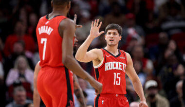 HOUSTON, TEXAS - FEBRUARY 23: Kevin Durant #7 of the Houston Rockets acknowledges Reed Sheppard #15 in the first half against the Utah Jazz at Toyota Center on February 23, 2026 in Houston, Texas.
