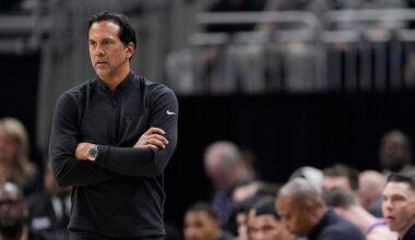 Head coach Erik Spoelstra of the Miami Heat looks on during the second quarter against the Milwaukee Bucks at Fiserv Forum on February 24, 2026 in Milwaukee.
