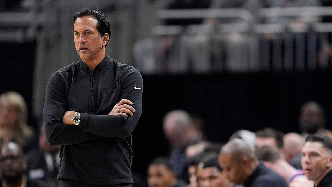 Head coach Erik Spoelstra of the Miami Heat looks on during the second quarter against the Milwaukee Bucks at Fiserv Forum on February 24, 2026 in Milwaukee.