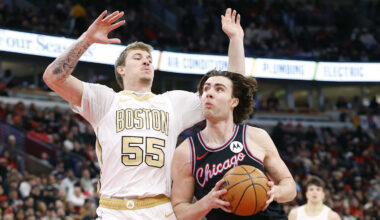 Jan 24, 2026; Chicago, Illinois, USA; Chicago Bulls guard Josh Giddey (3)drives to the basket against Boston Celtics guard Baylor Scheierman (55)during the first half at United Center. Mandatory Credit: Kamil Krzaczynski-Imagn Images
