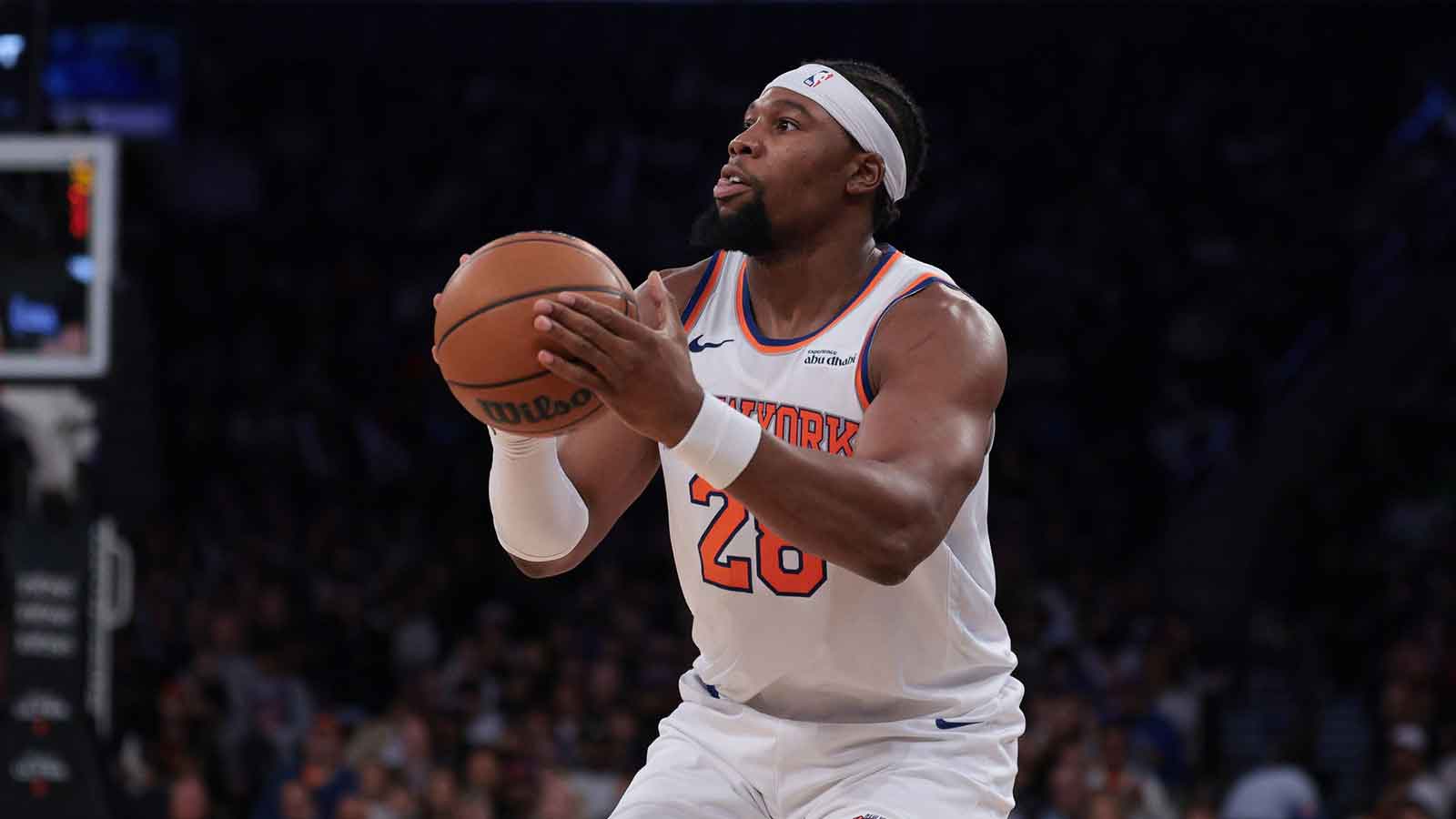 New York Knicks forward Guerschon Yabusele (28) shoots the ball during the second half against the Charlotte Hornets at Madison Square Garden.