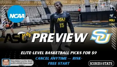 Alabama State Hornets vs. Southern Jaguars game preview graphic featuring both team logos, an Alabama State basketball action background, and a ScoresAndStats “Preview” stats badge (February 9, 2026).