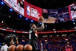 Portland Trailblazers guard Damian Lillard shoots during the 3-point contest at the NBA basketball All-Star weekend festivities Saturday, Feb. 14, 2026, in Inglewood, Calif.