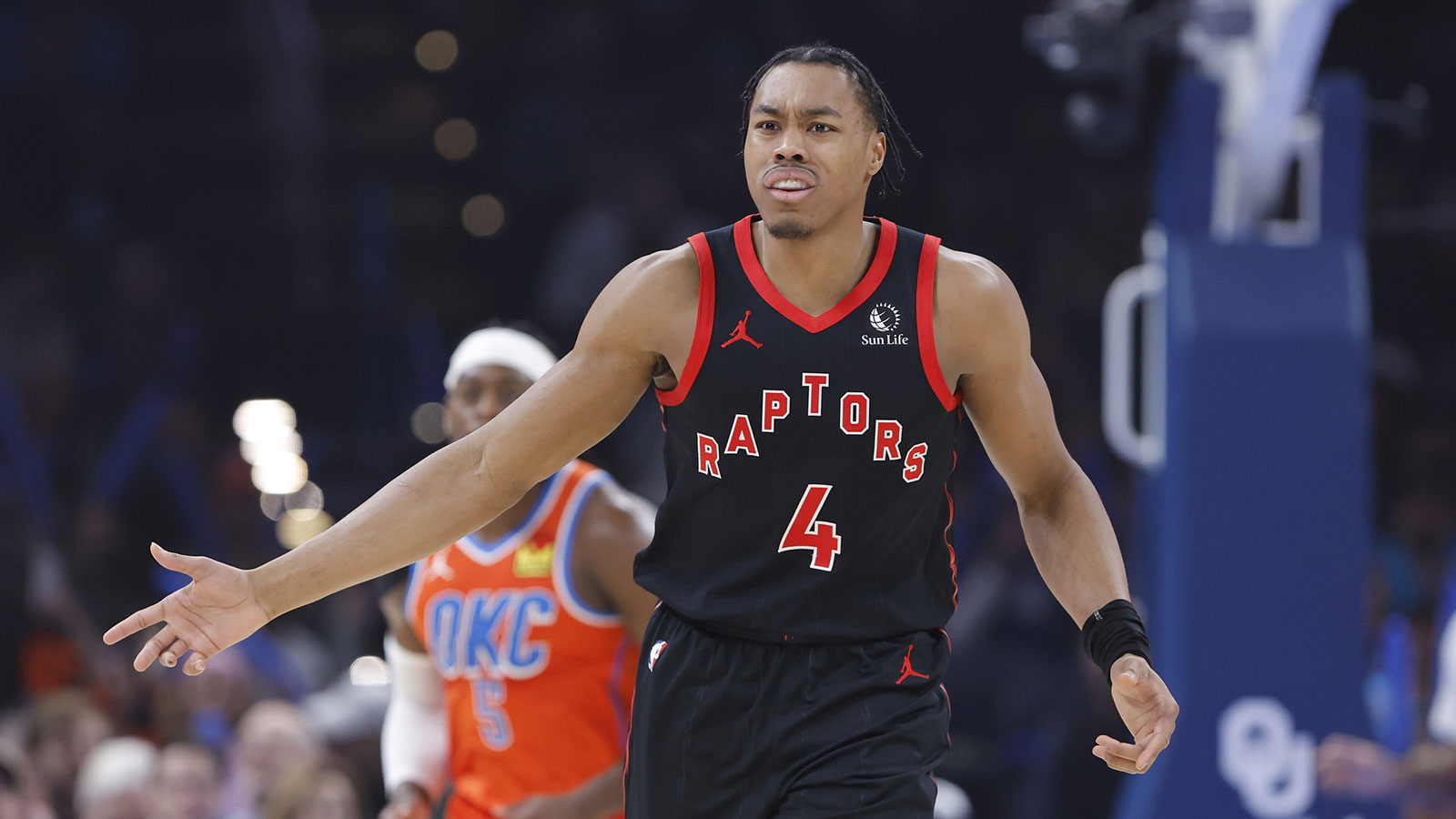 Toronto Raptors forward/guard Scottie Barnes (4) reacts after a play against the Oklahoma City Thunder during the first quarter at Paycom Center.