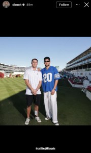 Feb 8, 2026; Scottsdale, Arizona, USA; Phoenix Suns' Devin Booker and Collin Gillespie pose for a photo at the WM Phoenix Open at TPC Scottsdale. Credit: Devin Booker (Instagram @dbook)