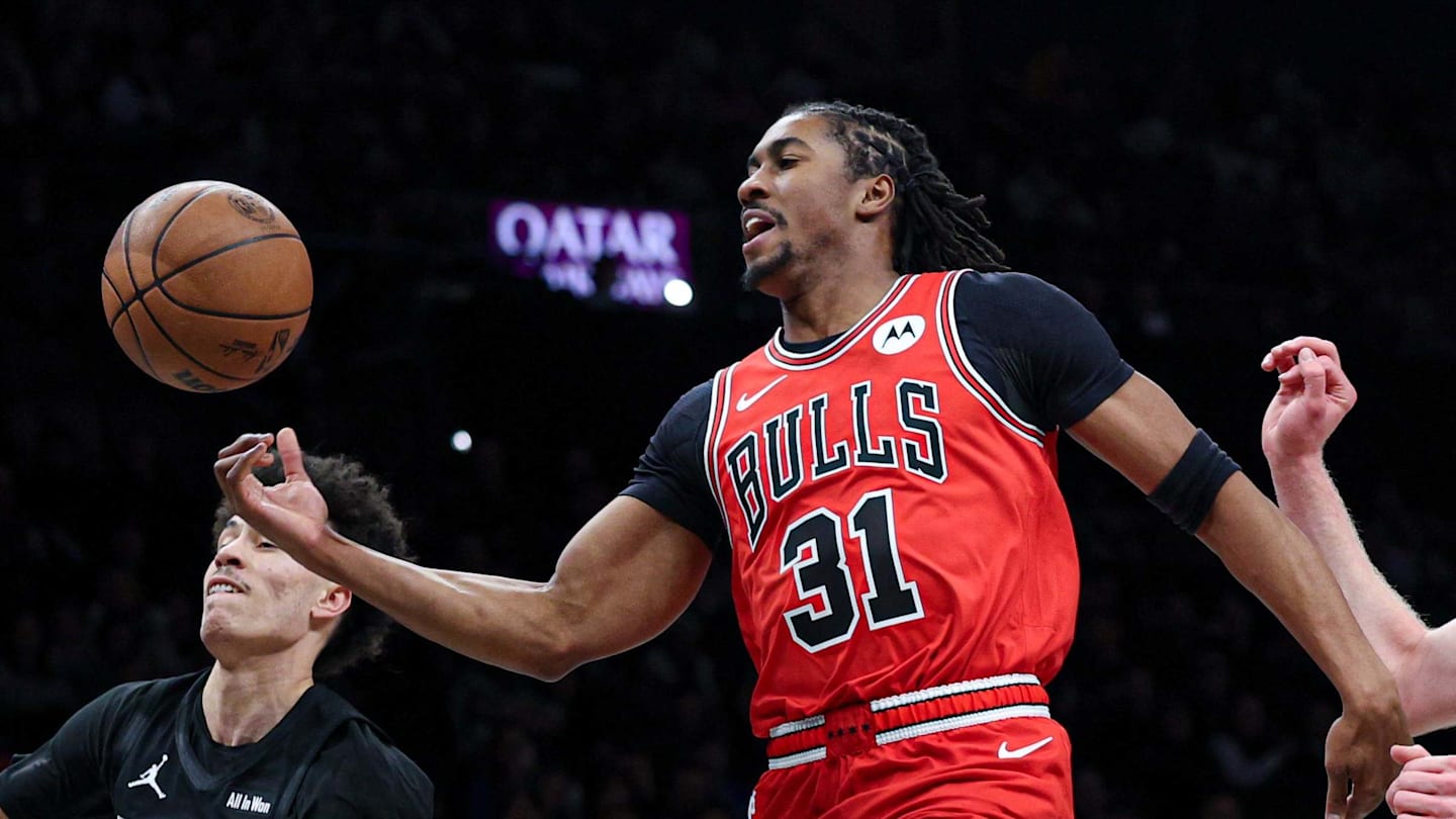 Feb 9, 2026; Brooklyn, New York, USA; Chicago Bulls guard Jaden Ivey (31) is fouled by Brooklyn Nets guard Nolan Traore (88) during the first quarter at Barclays Center. Mandatory Credit: Vincent Carchietta-Imagn Images