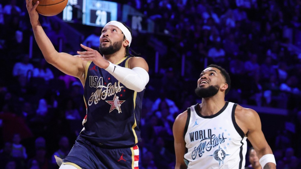 Jalen Brunson #11 of the New York Knicks and Team USA Stripes shoots against Karl-Anthony Towns #32 of the New York Knicks and Team World the 75th NBA All-Star Game at Intuit Dome on Feb. 15, 2026 in Inglewood, California.
