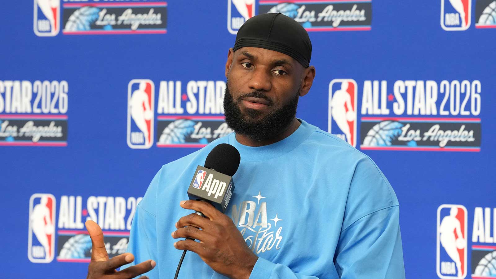 Los Angeles Lakers forward LeBron James (23) speaks in a press conference before the 75th NBA All Star Game at Intuit Dome