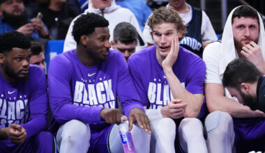 Jaren Jackson Jr. on Jazz bench with Lauri Markkanen Mandatory Credit: Rich Storry/Getty Images