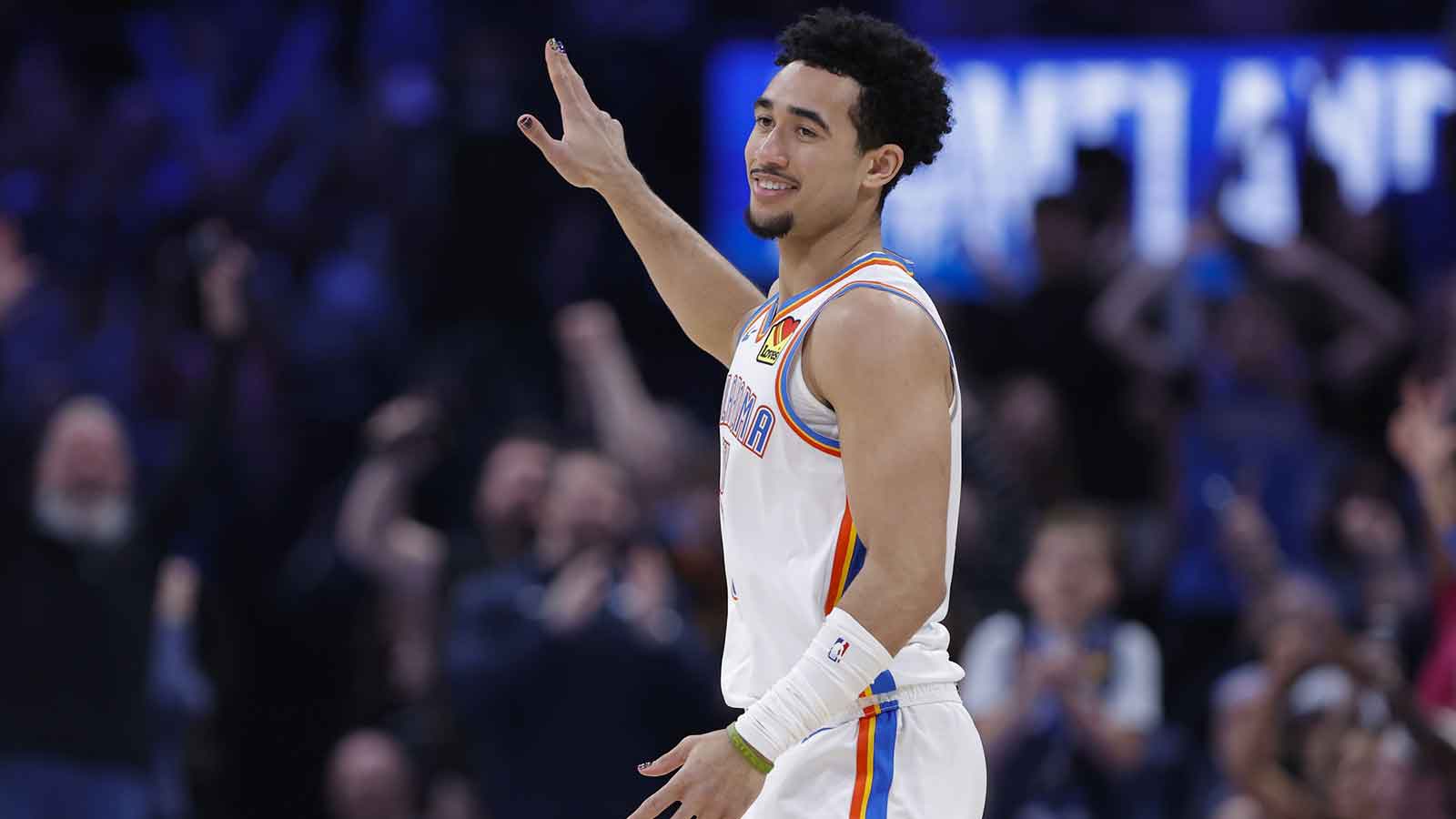 Oklahoma City Thunder guard Jared McCain (3) gestures after scoring against the Houston Rockets during the second half at Paycom Center. Mandatory Credit: Alonzo Adams-Imagn Images