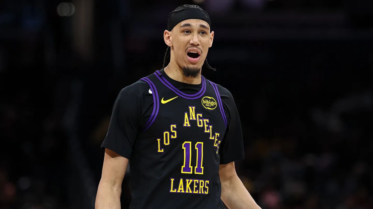 Jaxson Hayes of the Los Angeles Lakers reacts during the Washington Wizards game at Capital One Arena on Jan. 30, 2026. (Scott Taetsch/Getty Images)