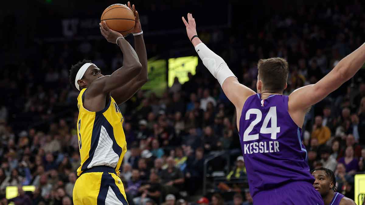 Pacers center Thomas Bryant (3) shoots the ball over Utah Jazz center Walker Kessler (24) during the second half at Delta Center