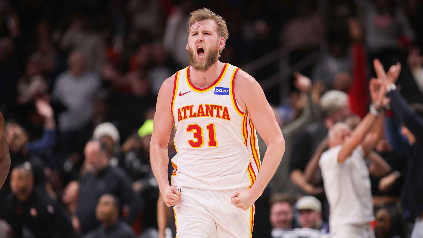 Atlanta Hawks center Jock Landale (31) reacts after a basket against the Utah Jazz in the fourth quarter at State Farm Arena.