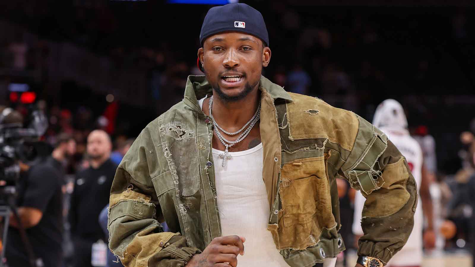 Atlanta Hawks forward Jonathan Kuminga (0) leaves the court afte a game against the Miami Heat at State Farm Arena.