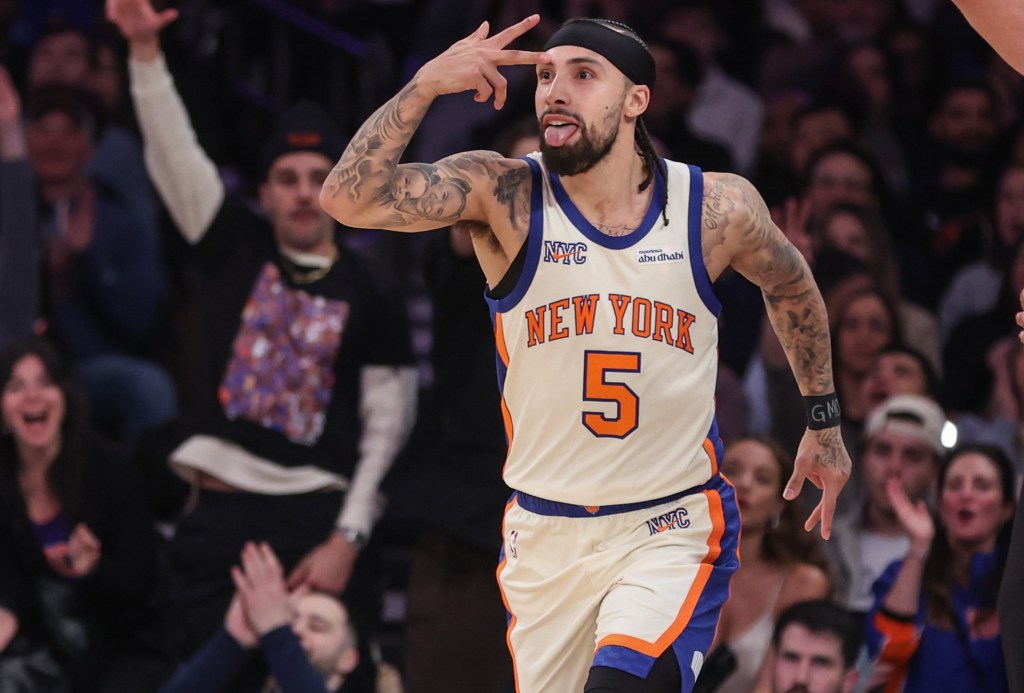 Jose Alvarado celebrates after hitting a 3-pointer during the Knicks' 108-106 comeback win over the Rockets on Feb. 21, 2026 at the Garden.