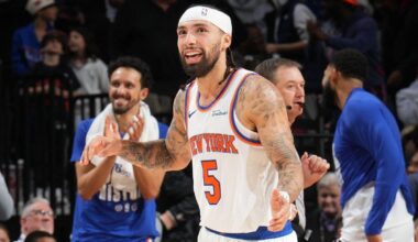 PHILADELPHIA, PA - FEBRUARY 11: Jose Alvarado #5 of the New York Knicks smiles during the game against the Philadelphia 76ers on February 11, 2026 at the Wells Fargo Center in Philadelphia, Pennsylvania. Mandatory Copyright Notice: Copyright 2026 NBAE (Photo by Jesse D. Garrabrant/NBAE via Getty Images)