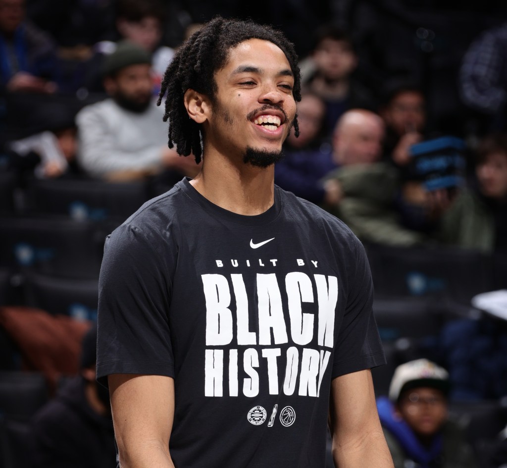 New Net Josh Minott is all smile during warmups. He did not play in Brooklyn's 127-113 win over the Wizards on Feb. 7, 2026 at Barclays Center. 