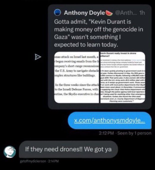 Comments from Kevin Durant's alleged burner account on drones.Mandatory Credit: X user - @PlayoffSports_