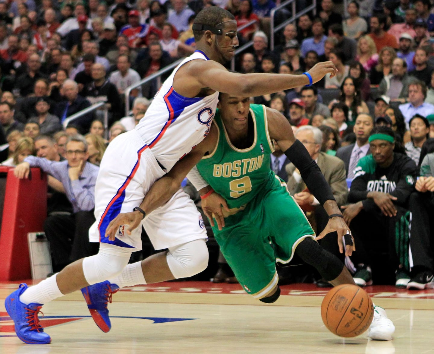 During his first stint with the Clippers, Chris Paul defended against the Celtics' Rajon Rondo during a March 2012 game in Los Angeles.
