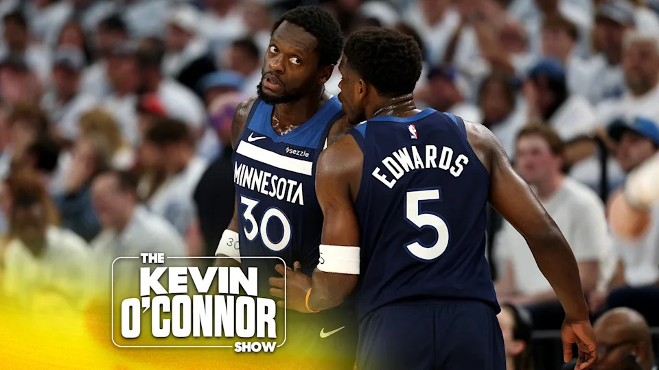 MINNEAPOLIS, MINNESOTA - MAY 24: Anthony Edwards #5 of the Minnesota Timberwolves talks with Julius Randle #30 against the Oklahoma City Thunder during the first quarter in Game Three of the Western Conference Finals of the 2025 NBA Playoffs at Target Center on May 24, 2025 in Minneapolis, Minnesota. (Photo by David Berding/Getty Images)