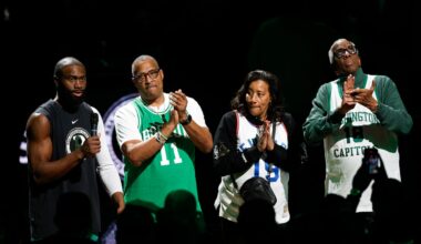The Celtics' Jaylen Brown addressed the TD Garden crowd Sunday, alongside the son of Chuck Cooper, the daughter of Nathaniel Clifton, and the son of Earl Lloy.