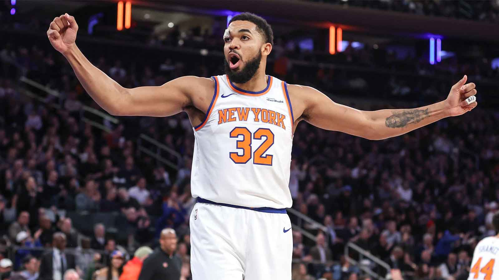 New York Knicks center Karl-Anthony Towns (32) celebrates in the second quarter against the Denver Nuggets at Madison Square Garden.