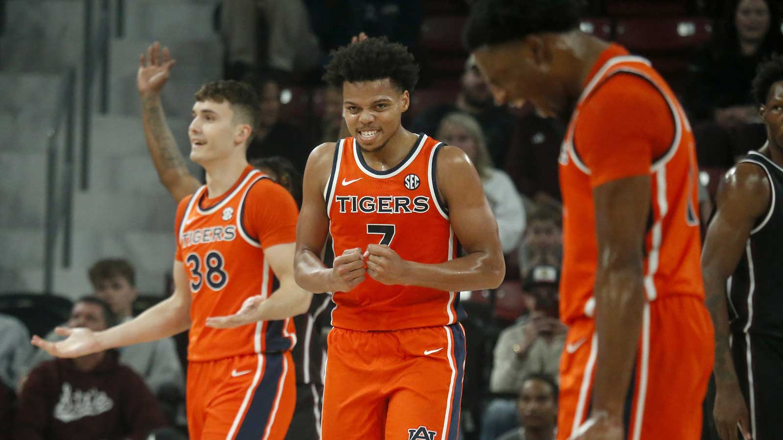 Auburn Tigers forward Keyshawn Hall (7) reacts during the second half against the Mississippi State Bulldogs at Humphrey Coliseum.